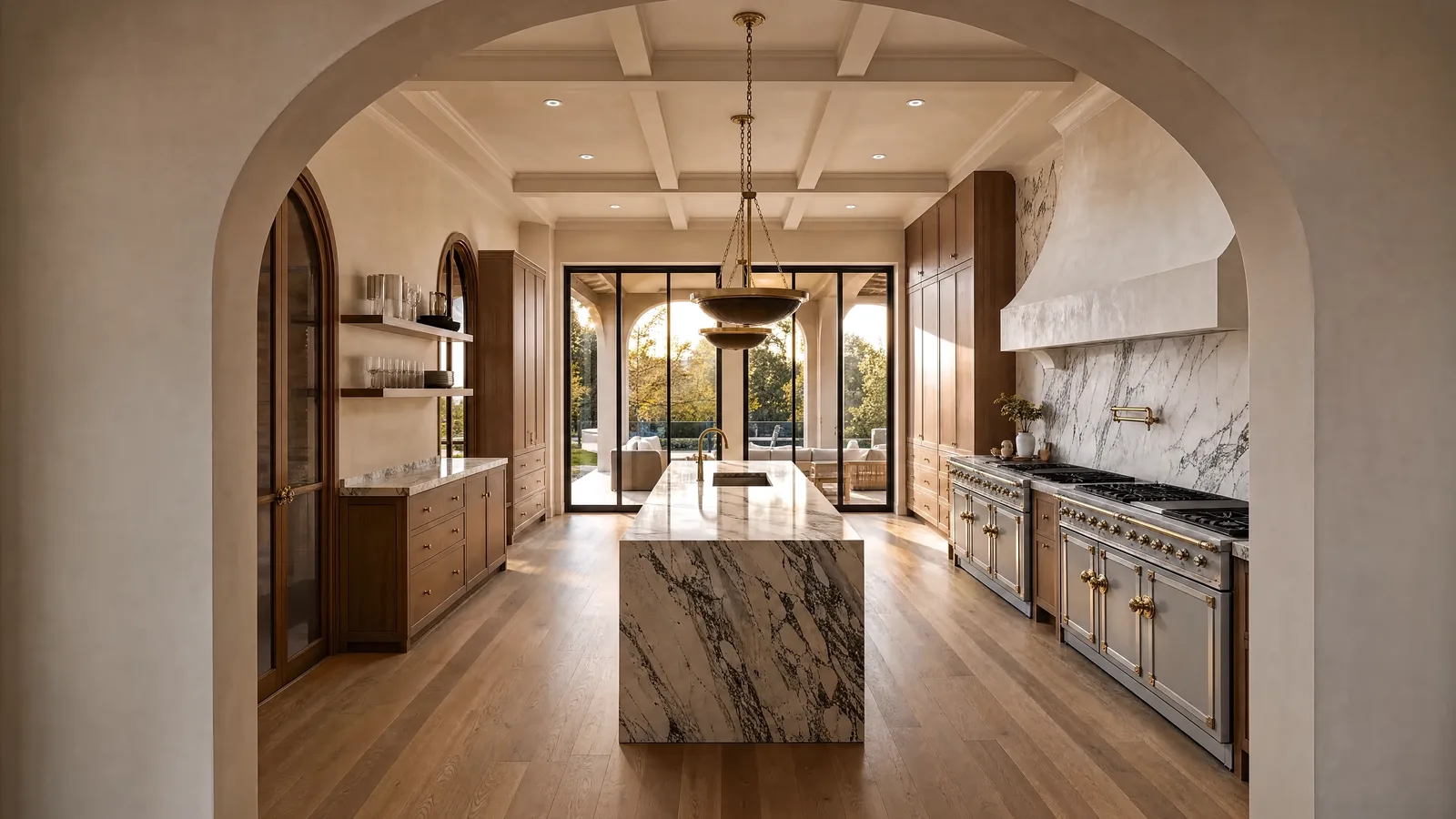 The finished kitchen of a completed May Construction home, twin La Cornue ranges in warm light